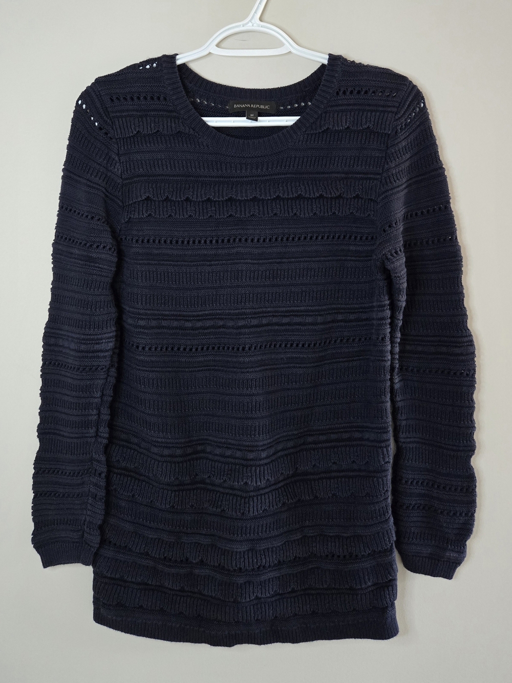 Banana Republic navy textured long-sleeve knit sweater, scalloped + crochet, new